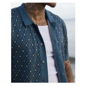 Abercrombie & Fitch Men's Sweater Polo Sz L SS Jacquard Diamond Pattern Button